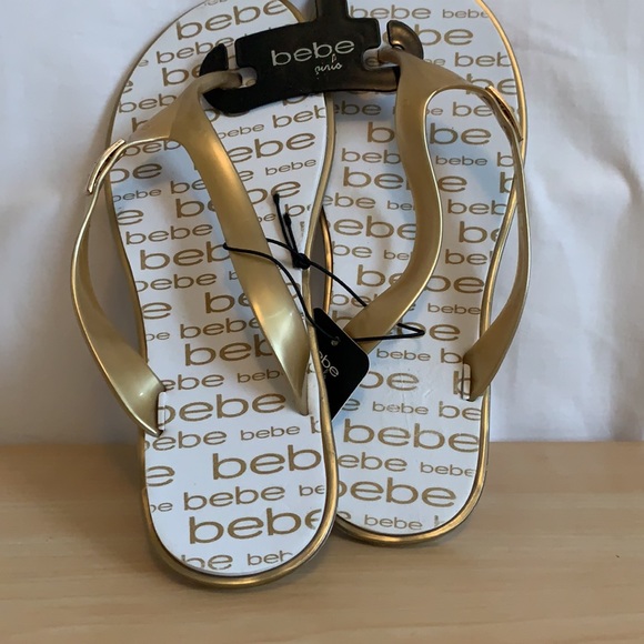 White & Gold BeBe flip flops - Picture 2 of 4